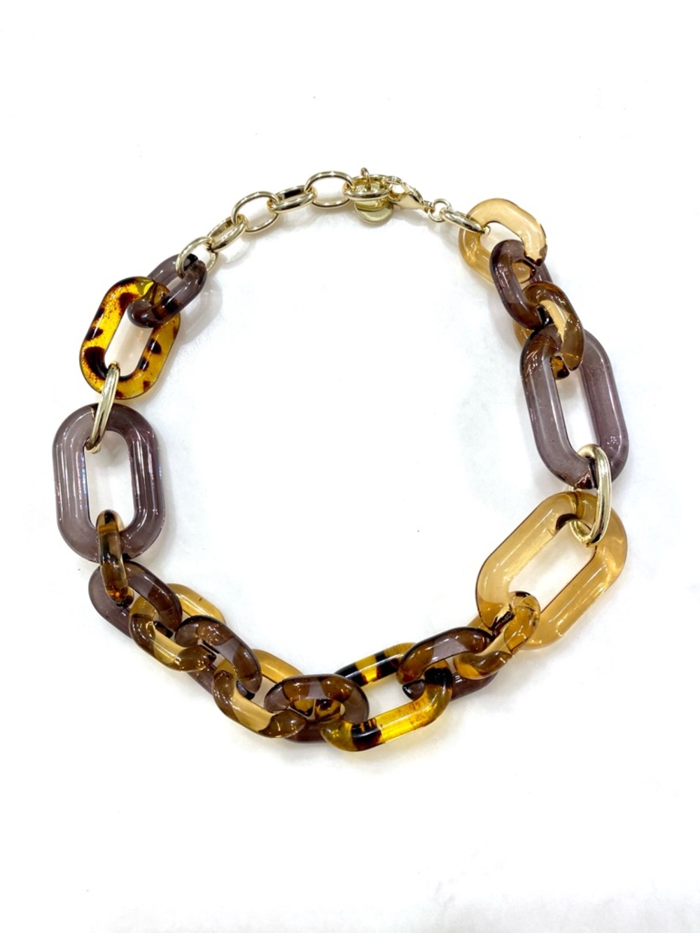 Tortoiseshell Link Choker Necklace with Gold Chain - Brown/Amber